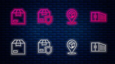 Hat teslimat güvenliğini kalkan, konum karton kutu, Carton ve konteynır ile ayarlayın. Tuğla duvarda parlayan neon simgesi. Vektör