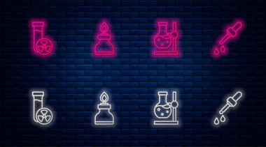Alkol ya da ruh yakıcı, test tüpü şişesi, zehirli sıvı ve Pipette hazır olsun. Tuğla duvarda parlayan neon simgesi. Vektör