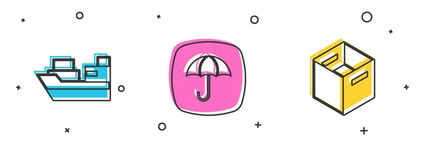 Set Nákladní Loď Krabicemi Dodání Dodací Balíček Deštník Karton Ikony — Stockový vektor