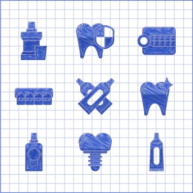 Diş macunu, diş macunu, tüp diş beyazlatma konsepti diş macunu, diş teli ve ikon takılı plastik diş macunu konseptini ayarla. Vektör.