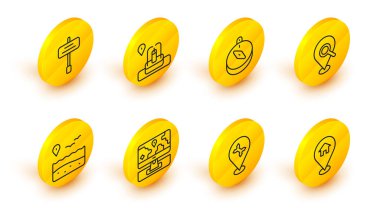 Hat konumunu ev otomobil servisi monitörü, plaj arama pusula çeşmesi ve trafik işareti simgesi ile ayarlayın. Vektör.