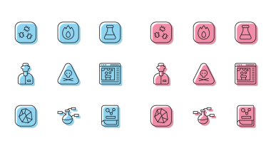 Tuz taşı test tüpü ve matara kimya kitabı üçgeni zehirli kimyasal laboratuvar asistanı ve ateş alev ikonu uyarısı yapın. Vektör.