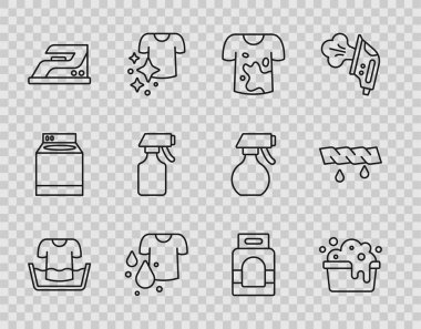 Tişört sabunu köpüklü leğen, elektrikli demir su spreyi, çamaşır deterjanı ve sıkma elbise ikonu. Vektör.