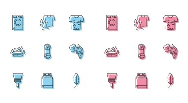 Camlar için çizgi temizleyicisi Yıkama İpliği Elektrikli Demir Havlu yığını ve Kirli Tişört ikonu. Vektör.