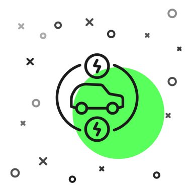 Siyah çizgi elektrikli araba ve elektrik kablosu şarj ikonu beyaz arka planda izole edildi. Yenilenebilir ekolojik teknolojiler. Vektör.