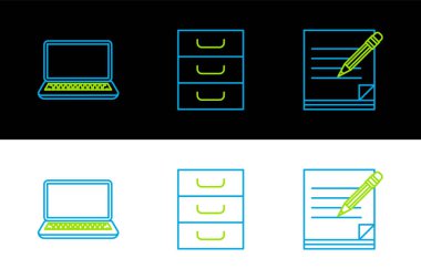 Silgi dizüstü bilgisayar ve çekmece belgeleri simgesi ile boş defter ve kalem satırını ayarla. Vektör.