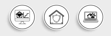 Akıllı ev dizüstü bilgisayarı ve alarm bilgisayarı ile ev kablosuz interneti ve House 'u koruma simgesi altına alın. Vektör.