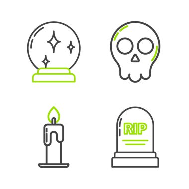 Çizgi Tombstone 'u RIP yanan mumla kurukafa ve sihirli top ikonu ile ayarla. Vektör.