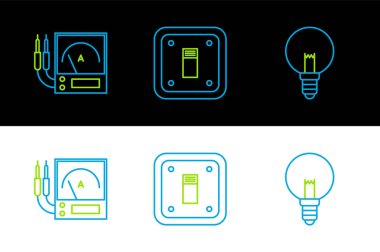 Hat Ampere Ampere metre multimetre voltmetre ve Elektrik Işığı düğmesi simgesini ayarla. Vektör.