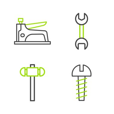 Çizgi Metalik vida balyoz anahtarıyla inşaat zımbası simgesini ayarla. Vektör.