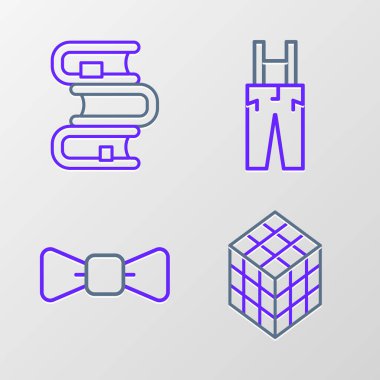 Pantolon askısı ve kitap simgesi ile Rubik küp papyon kravatı ayarlayın. Vektör.
