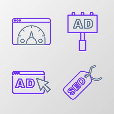 Satır SEO optimizasyon Reklamcılığı ve Web sitesi istatistik simgesini ayarla. Vektör.