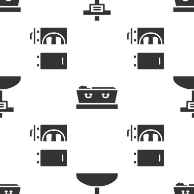 Mezarı haçla, tabutu ölülerle ve krematoryumu da pürüzsüz bir şablonla ayarla. Vektör.