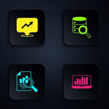 Dizüstü bilgisayarı grafik grafiği ile Finansal Büyüme Belgesi ve Sunucusu ile ayarla. Siyah kare düğme. Vektör.