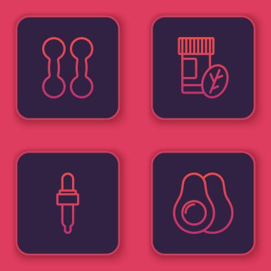 Dambıl, yağlı Pipette, vitamin hapı ve avokado meyvesi. Mavi kare düğme. Vektör.