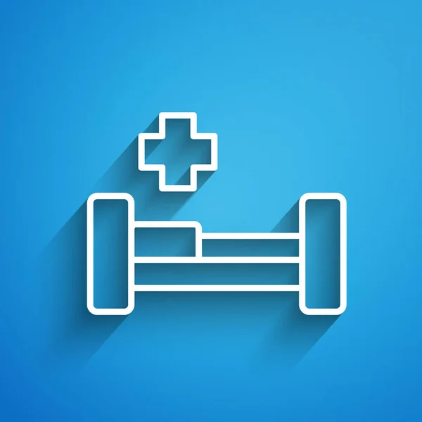 Weiße Linie Krankenhausbett Symbol Isoliert Auf Blauem Hintergrund Langer Schatten — Stockvektor