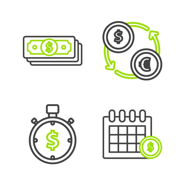 stock vector Set line Financial calendar Time is money Money exchange and Stacks paper cash icon. Vector.