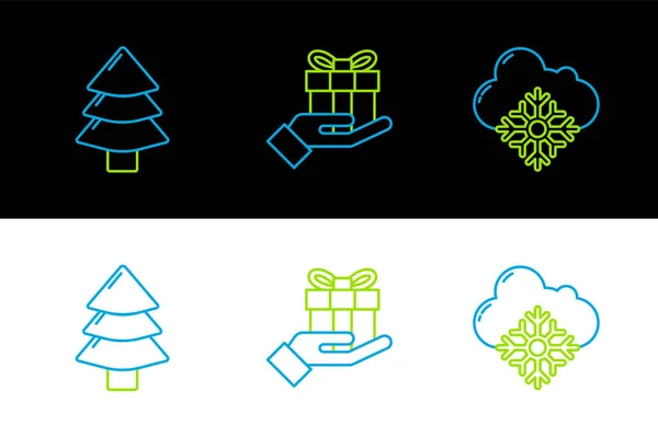 Defina Linha Cloud Com Árvore Natal Neve Caixa Presente Ícone — Vetor de Stock