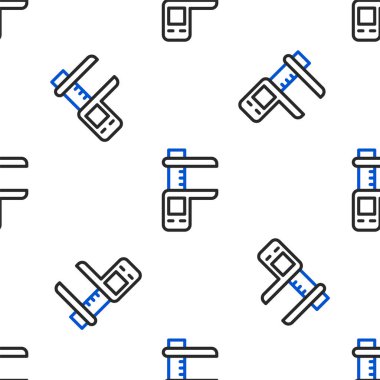 Çizgi Calliper veya kalibre ve ölçek simgesi beyaz arkaplanda izole edilmiş kusursuz desen. Hassas ölçüm aletleri. Renkli taslak konsepti. Vektör