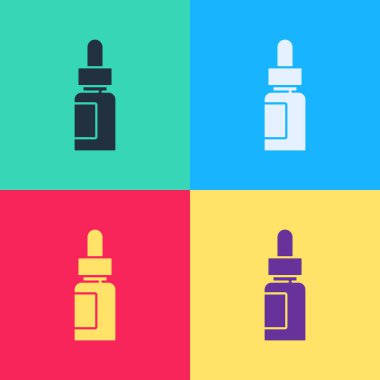 Popüler sanat esaslı yağ şişesi simgesi renk arkaplanında izole edilmiş. Organik aromaterapi özü. Cilt bakımı serumu cam bırakma paketi. Vektör.