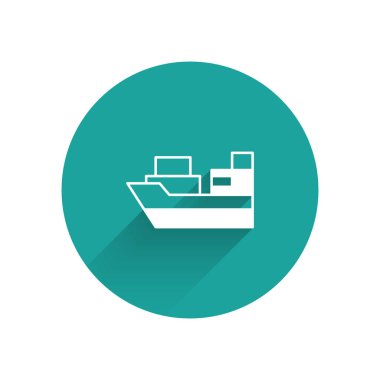 White Cargo ship with boxes delivery service icon isolated with long shadow background. Delivery, transportation. Freighter with parcels, boxes, goods. Green circle button. Vector