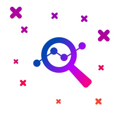 Beyaz arkaplanda izole edilmiş renk büyüteç ve veri analiz simgesi. Arama işareti. Kademeli rastgele dinamik şekiller. Vektör