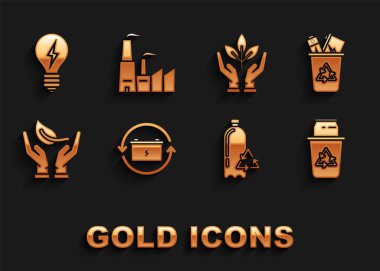 Bataryayı geri dönüşüm kutusuyla kurun ve çevreye duyarlı bitki ampulü ve fabrika ikonunun plastik şişe filizini geri dönüştürebilir. Vektör.