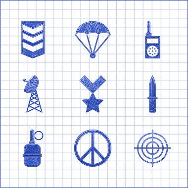 Yarışma bıçağı el bombası radarı telsizi ve rütbe ikonu için askeri ödül madalyası, Barış Hedefi sporu ayarlayın. Vektör.