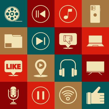 Smart Tv, Laptop, müzik notası, ton, ileri sarma, belge klasörü, film makarası ve konuşma balonu simgesinde sevmeme gibi. Vektör