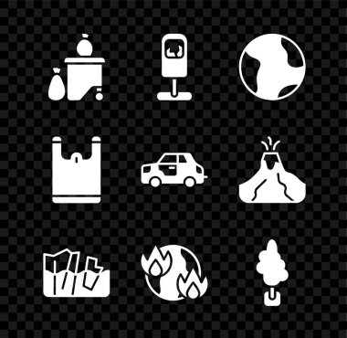 Çöp tenekesi, dünya buzulu, erimekte olan küresel ısınma, ateş ağacı torbasını ve araba ikonunu hazırla. Vektör.