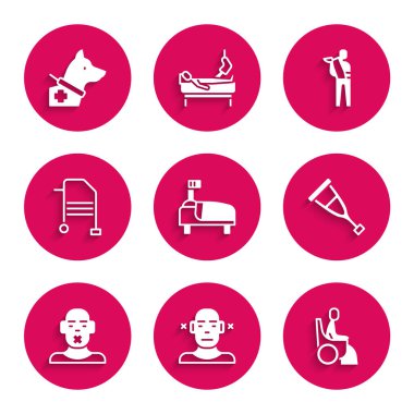 Set Hospital bed Deaf Woman in wheelchair Crutch or crutches Head of deaf and dumb Walker Human broken arm and Guide dog icon. Vector.