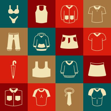 Tişört, etek, kapüşonlu kazak, mayo ve ikon. Vektör.