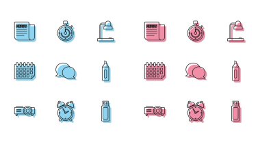 Satır Tanıtım Filmi Film Ortam Projektörü Alarm Haber USB Flaş Sürücü Konuşma Kaynağı İşaretleyici Kalem Takvimi ve Evrak Çantası simgesi. Vektör.