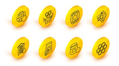 Bal peteği, bal kavanozu, arılar için kovan, tahta fıçı ve ellerle dünya ikonunu haritala. Vektör