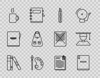 Ofis dosyalarını kağıt ve belgelerle dizin, Not Defteri, Kırtasiye bıçağı, Boya fırçası paleti, Kahve fincanı, Okul sırt çantası, Dosya klipsi ve mezuniyet şapkası simgesi. Vektör