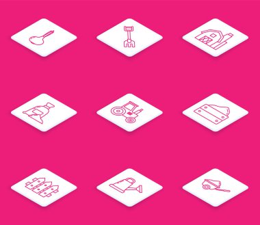 Sabit çizgi soğan, bahçe tırmığı, çiftlik evi konsepti un çuvalı, traktör, hasatlı ahşap kutu, çit ahşap ve su kutusu ikonu. Vektör