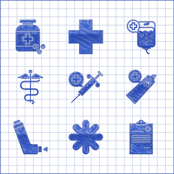 Set Seringue Médicale Avec Aiguille Croix Hôpital Médical Presse Papiers — Image vectorielle