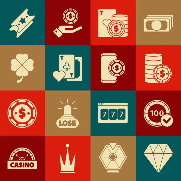 设置钻石 赌场芯片 与美元 和打牌 游戏俱乐部符号 四个叶子三叶草 彩票和在线扑克桌面游戏图标 — 图库矢量图片