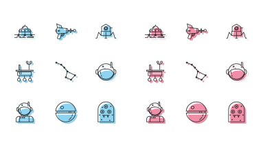 Çizgi Astronot, Ölüm Yıldızı, Mars Gezgini, Uzaylı, Büyük Ayı takımyıldızı, miğfer ve ışın tabancası ikonu. Vektör