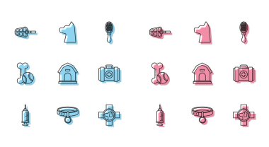 Aşılı şırınga, yaka etiketi, köpek ağızlığı, veteriner kliniği sembolü, ev, ilk yardım çantası, oyuncak kemik kauçuğu ve top ve kedi ikonu. Vektör