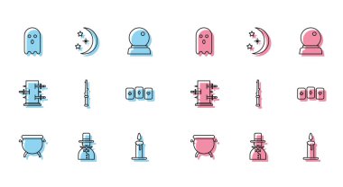 Cadı kazanı, Büyücü, Hayalet, şamdanda mum yakma, değnek, kart oynama, sihirli numaralar için bagaj ve Ay yıldızları ikonu. Vektör