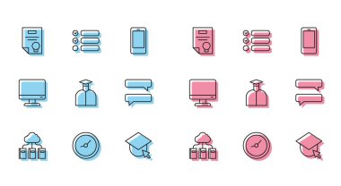 Cloud, online kütüphane, saat, sertifika şablonu, mezuniyet kapağı küresi, öğrenci, konuşma balonu sohbeti, bilgisayar monitörü ve görev listesi simgesini ayarlayın. Vektör