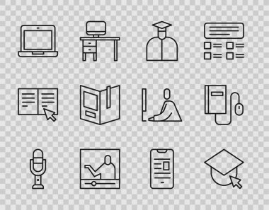 Set hattı Mikrofon, Mezuniyet kapağı küresi, Öğrenci, Çevrimiçi Eğitim, Laptop, Açık Defter, Mobil ve Fare simgesi ile Elektronik. Vektör