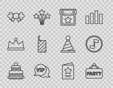 Çizgi pasta, imza günü, takvim, konuşma balonunda Vip, papyon, havai fişek, tebrik kartı ve müzik notası, ton simgesi. Vektör