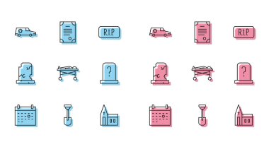 Takvim çizgisi ölüm, kürek, cenaze arabası, kilise binası morg cesedi mezar taşı, eski mezar ve ölüm sertifikası ikonu. Vektör