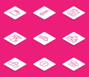 Ağaç kütüğü, Meteoroloji termometresi, benzin tüpü fabrika, araba, kuraklık, buz dağı ve güneş ikonu dumanı. Vektör