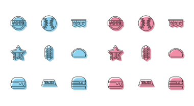 Burger, Taxi araba çatısı, Oy, Hotdog sandviçi, tortilla ile Taco, ABD Bağımsızlık Günü ve Beyzbol topu ikonu. Vektör