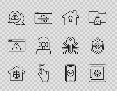House 'u koruma altına alın, Güvenli, Parmak izi, Ünlem Üçgeni, Flasher Sireni, Akıllı Telefon ve Shield simgesi. Vektör