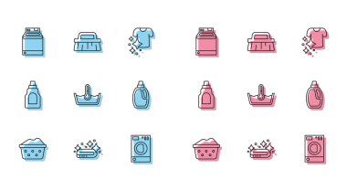 Sabun köpüklü leğen, havlu yığını, çamaşır makinesi, ısı temizleyici, temizlik malzemesi şişesi ve fırça ikonu koyun. Vektör