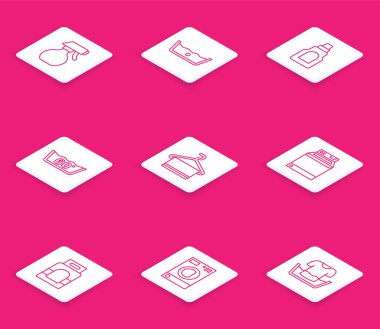 Hattı kurun. Su püskürtme şişesi, ısı temizleme aracı şişesi, askıda havlu, çamaşır deterjanı ve ikon. Vektör